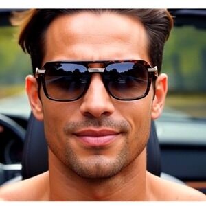 Tortoise Square Sunglasses Gold Metal Bar Light Weight Comfortable UV Protection